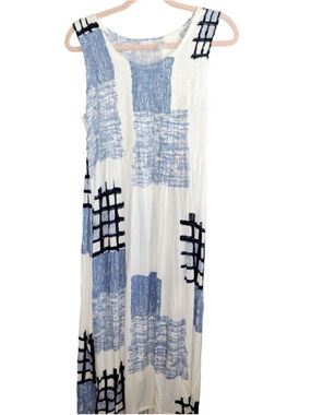 Kaktus Maxi Dress White Blue Abstract stretch summer beachwear flowy sz M